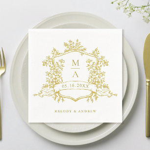 Elegant Guld Blommigt Vapensköld Monogram Bröllop Pappersservett