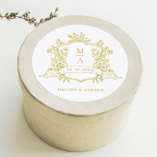 Elegant Guld Blommigt Vapensköld Monogram Bröllop Runt Klistermärke