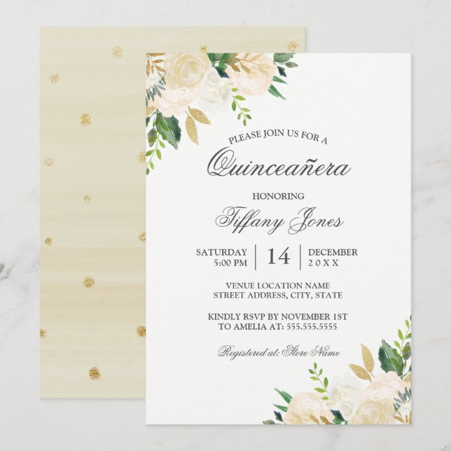 Elegant Guld Blommigt Watercolor Quinceanera Inbjudningar (Fram/baksida)