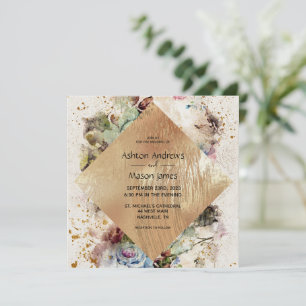 Elegant Guld Blommigt Watercolor Rustic Bröllop Inbjudningar