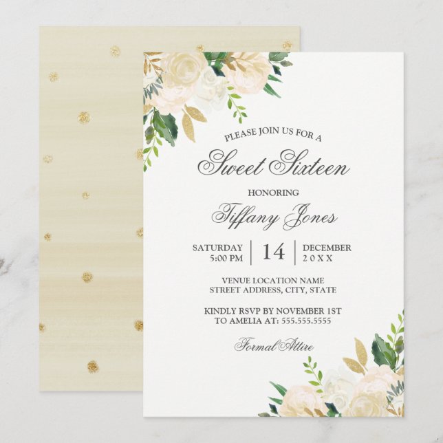 Elegant Guld Blommigt Watercolor Sweet sixteen Inbjudningar (Fram/baksida)