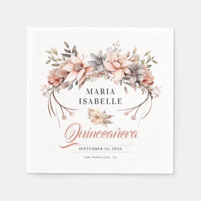 Elegant Guld Blommigten Krona Quinceañera Party Pappersservett (Framsidan)