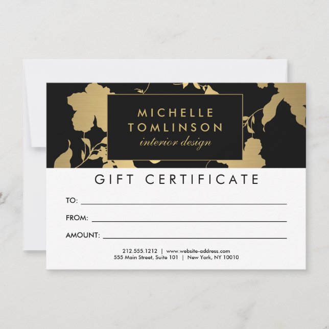 Elegant Guld Blommönster Black Gift Certificate (Framsida)