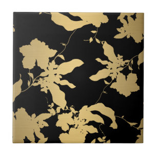 Elegant Guld Blommönster Black Kakelplatta