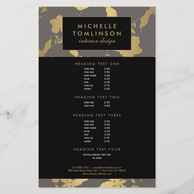 Elegant Guld Blommönster Grått Designer Flygblad (Framsidan)
