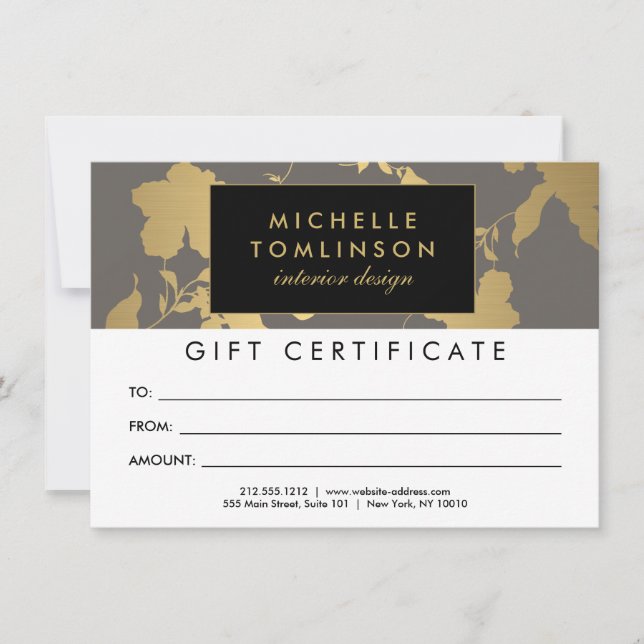 Elegant Guld Blommönster Grått Gift-certifikat (Framsida)