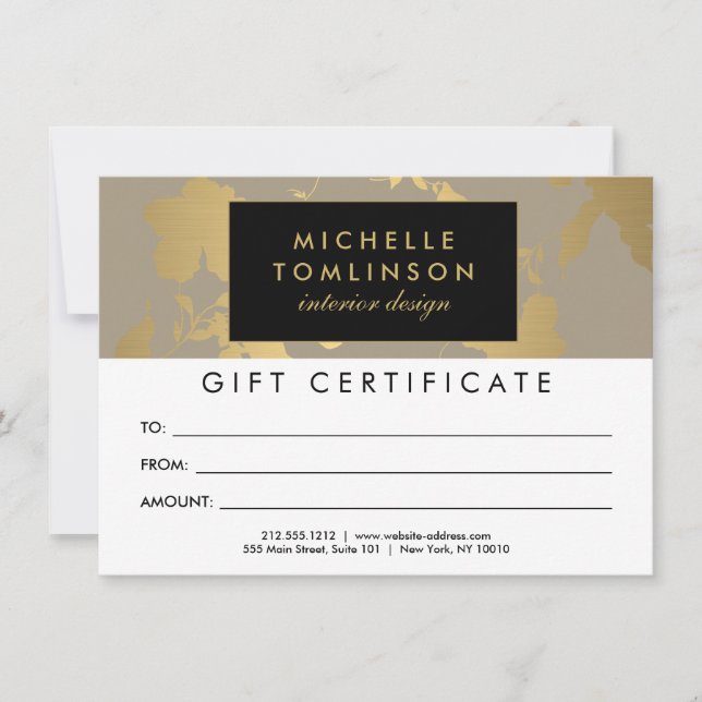 Elegant Guld Blommönster Tan Gift Certificate (Framsida)
