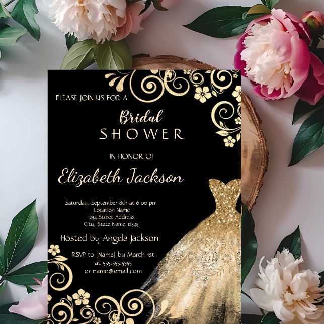 Elegant guld blommor glitter klänning bröllopsdusc inbjudningar (Skapare uppladdad)