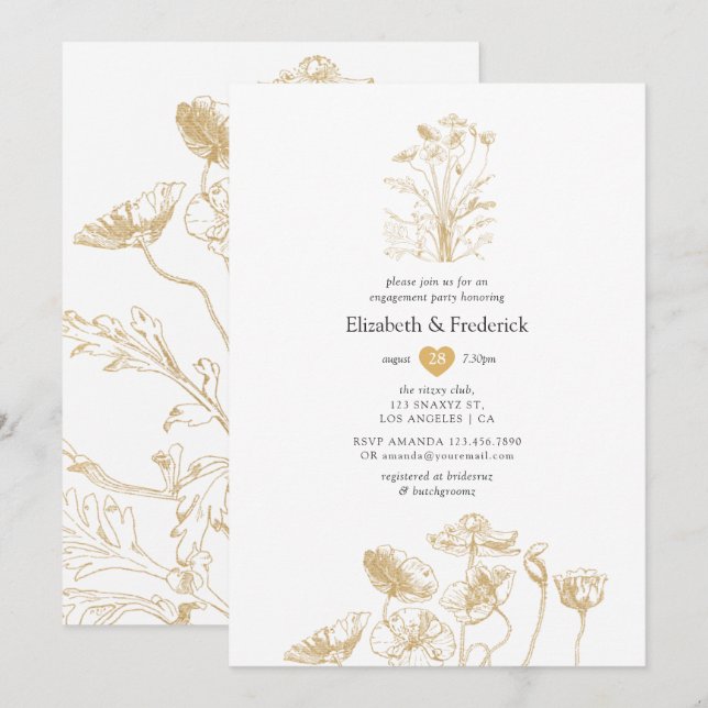 Elegant guld blomster bröllop fest inbjudningar (Fram/baksida)