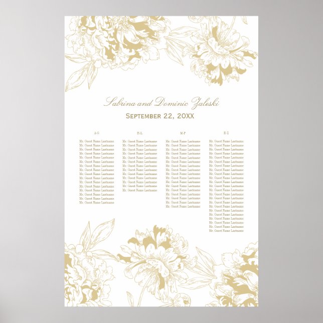 Elegant guld blomster peony bröllops sittplatskart poster (Framsidan)