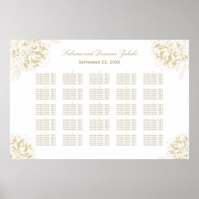 Elegant guld blomsterglas bröllops sittplatskarta poster (Framsidan)
