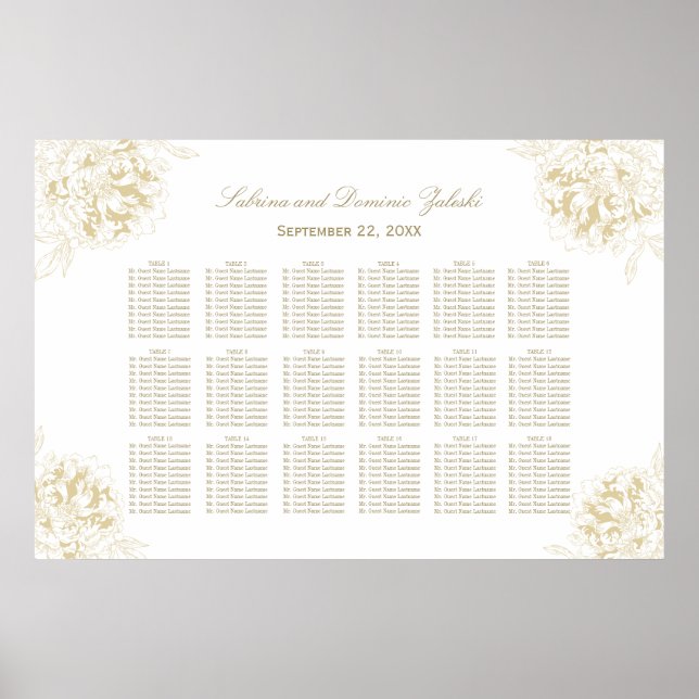 Elegant guld blomstergonungbröllops sittplatser poster (Framsidan)