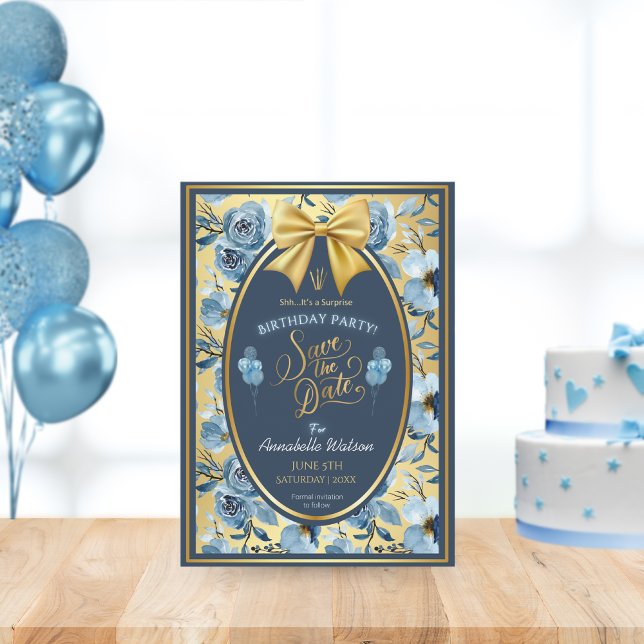 Elegant Guld Blue Blommigt Surprise Birthday Flat Spara Datumet (Skapare uppladdad)