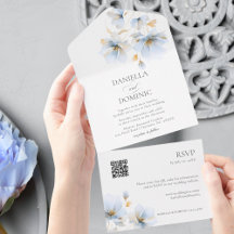 Elegant Guld Blue Blommigt Wildblommor QR Bröllop