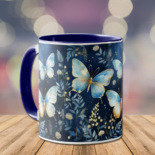 Elegant Guld Blue Butterfly Mönster på flottan Mugg