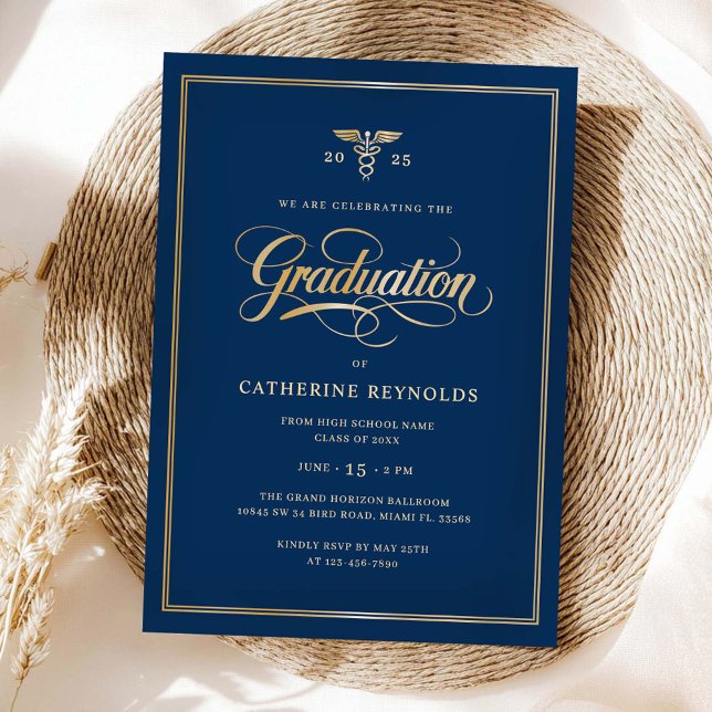 Elegant Guld Blue College Graduation Party Inbjudningar (Skapare uppladdad)