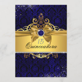 Elegant Guld Blue Damask Quinceanera Inbjudan