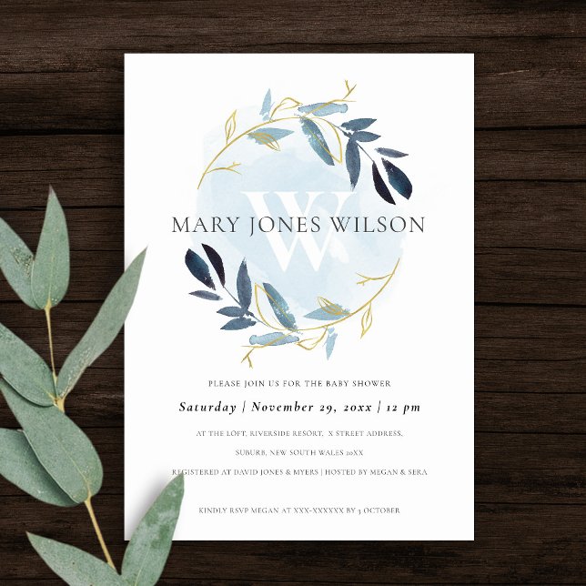 ELEGANT GULD BLUE FOLIAGE WREATH BABY SHOWER-KORT TACK KORT (Skapare uppladdad)