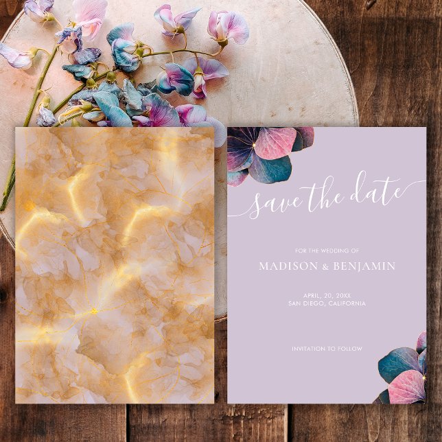 Elegant Guld Blue Lavender Lila Hydrangeas Spara Datumet (Front and Back)