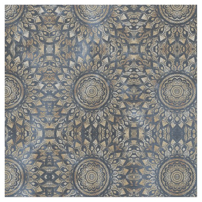 Elegant Guld Blue Mandala Blommigt Tyg (Närbild)