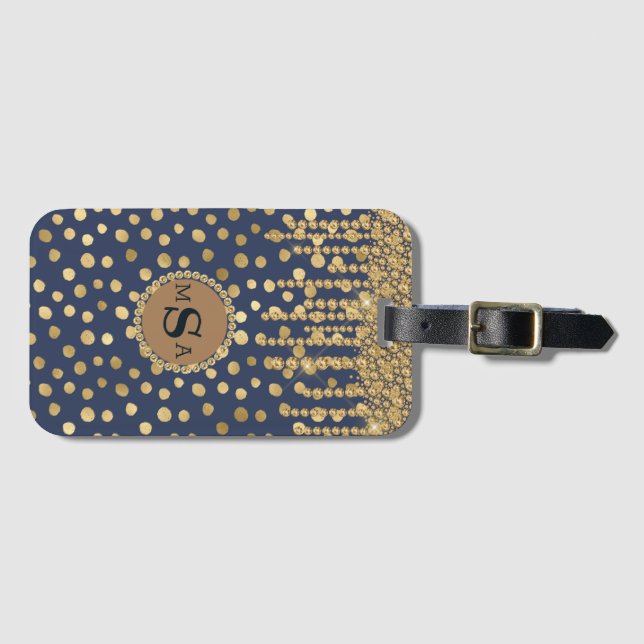 Elegant Guld & Blue Monogram Glam Snyggt Bagagebricka (Framsida horisontal)
