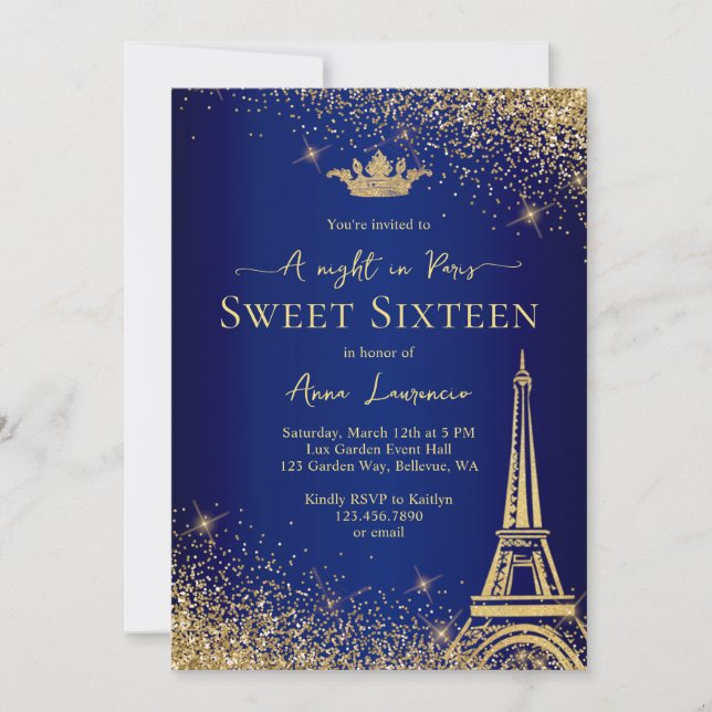 Elegant Guld Blue Paris Night Theme Sweet 16 Inbjudningar (Framsida)