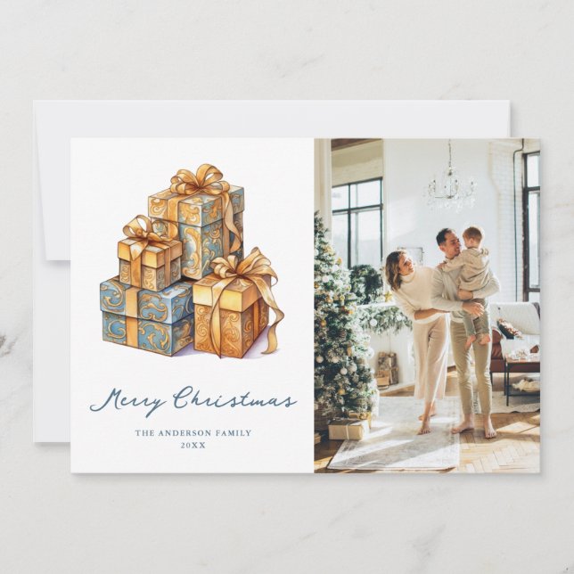 Elegant Guld Blue Photo God jul Card Julkort (Framsida)