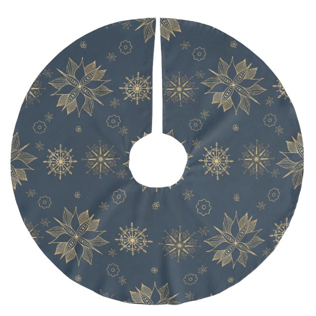 Elegant Guld Blue Poinsettias Snöflingor Mönster Julgransmatta Borstad Polyester (Framsidan)
