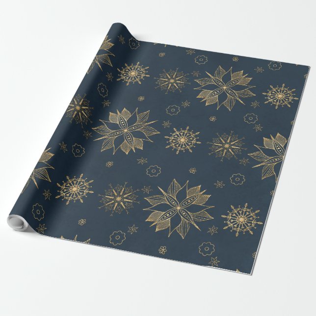 Elegant Guld Blue Poinsettias Snöflingor Mönster Presentpapper (Utrullad)