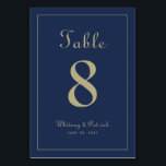 Elegant Guld Blue Wedding Reception Forme Middag Bordsnummer<br><div class="desc">party-tecknet i Bordsnumret i bröllop har en klassisk elegans med contemporary chic guld-ton färg på en klassisk marinblå bakgrund. Anpassa designen av bröllop bord med ditt namn, bröllop-datum och bordsnummer i trendig och skrift. Kortets baksida är en dubblett av framsidan. Följ vår lättförståeliga använda av modern mall för att enkelt...</div>
