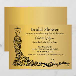 Elegant guld boho blomklänning bröllopsdusch inbjudningar
