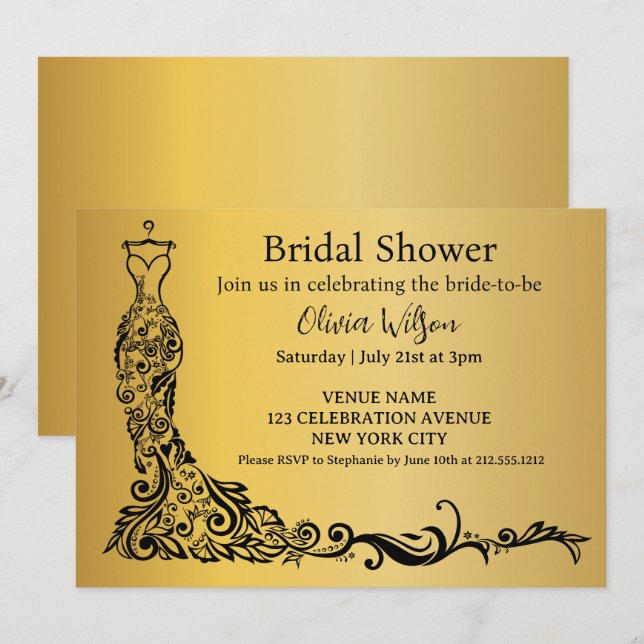 Elegant guld boho blomklänning bröllopsdusch inbjudningar (Fram/baksida)