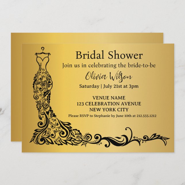 Elegant Guld Boho Blommigt Gown Möhippa Inbjudningar (Fram/baksida)