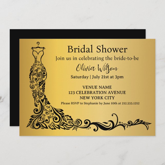 Elegant Guld Boho Blommigt Gown Möhippa Inbjudningar (Fram/baksida)