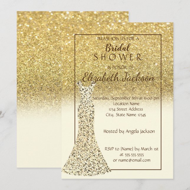 Elegant guld Bokeh glitter, klänning   Bröllopsfes Inbjudningar (Fram/baksida)