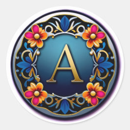 Elegant guld bokstav A medalj med blomsterkrans Runt Klistermärke