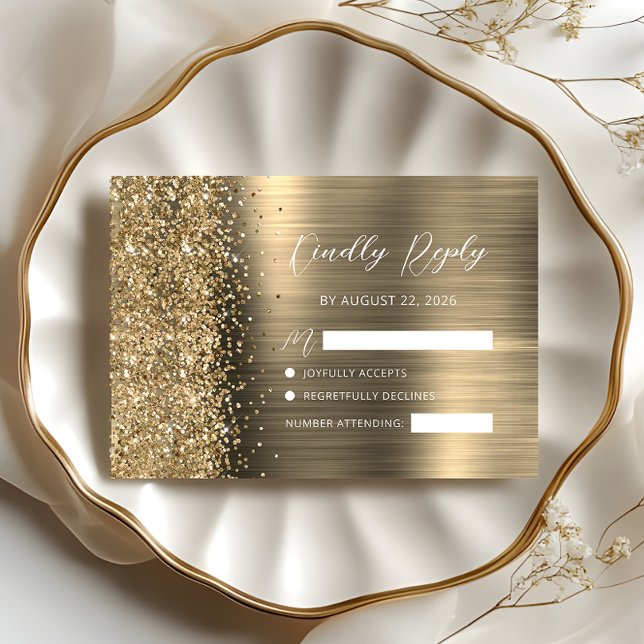 Elegant Guld Borstad Metall Glitter Bröllopsskrift OSA Kort (Skapare uppladdad)