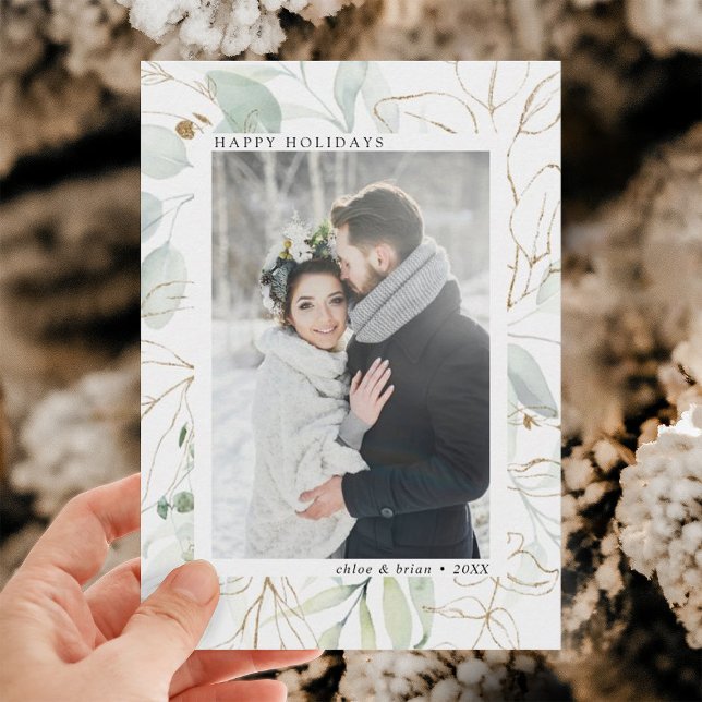 Elegant Guld Botanical Greenery Photo Julkort (Skapare uppladdad)