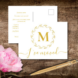 Elegant Guld Botanical Monogram jag har Flyttat Vykort