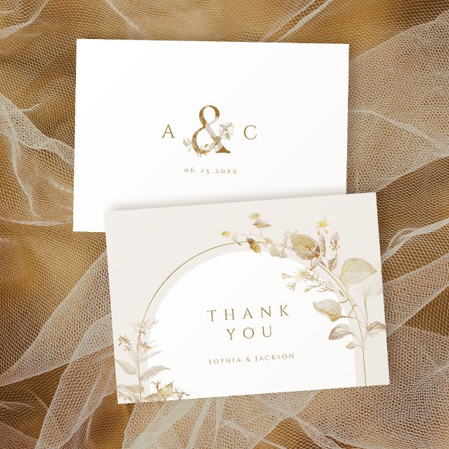 Elegant guld botanisk blomsterbåge bröllop  tack kort (Elegant Gold Botanical Floral Arch Wedding Thank You Card)
