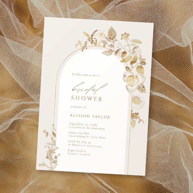 Elegant guld botanisk blomsterbåge bröllopsdusch inbjudningar (Elegant Gold Botanical Floral Arch Bridal Shower Invitation)