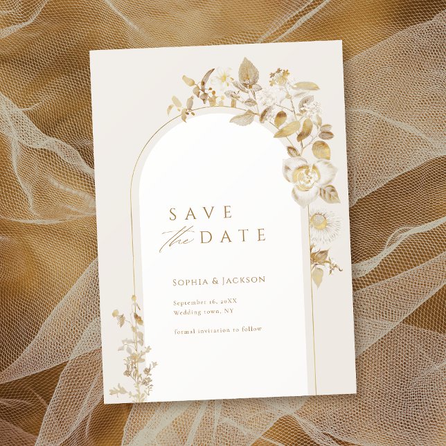 Elegant guld botanisk blomsterbåge spara datumet (Elegant Gold Botanical Floral Arch Save The Date)