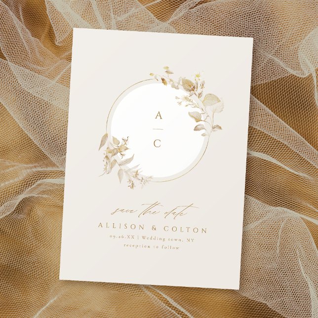 Elegant guld botanisk blomsterkrans monogram spara datumet (Elegant Gold Botanical Floral Wreath Monogram Save The Date)