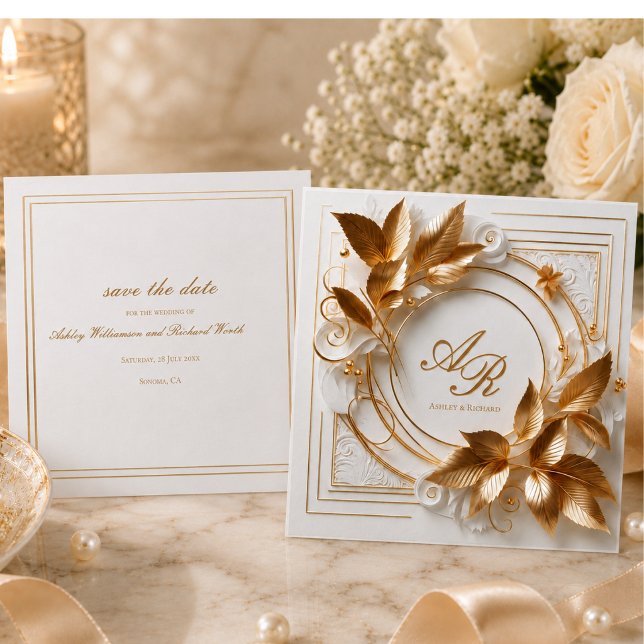 Elegant Guld Botanisk Bröllop Spara Datum Datumet (elegant opulent ivory gold foliage personalized wedding save the date cards)