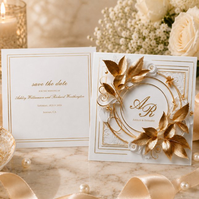 Elegant Guld Botanisk Bröllop Spara Datum Datumet (elegant opulent ivory gold foliage personalized wedding save the date cards)
