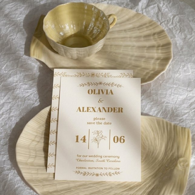 Elegant guld botanisk bröllopsfest spara datumet (Skapare uppladdad)