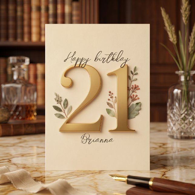 Elegant Guld Botanisk Typografi 21-årsdag Kort (Skapare uppladdad)