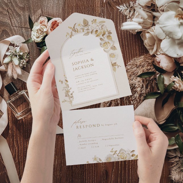 Elegant Guld Botaniska Blommigten Arch Bröllop (Elegant Gold Botanical Floral Arch Wedding All In One Invitation)