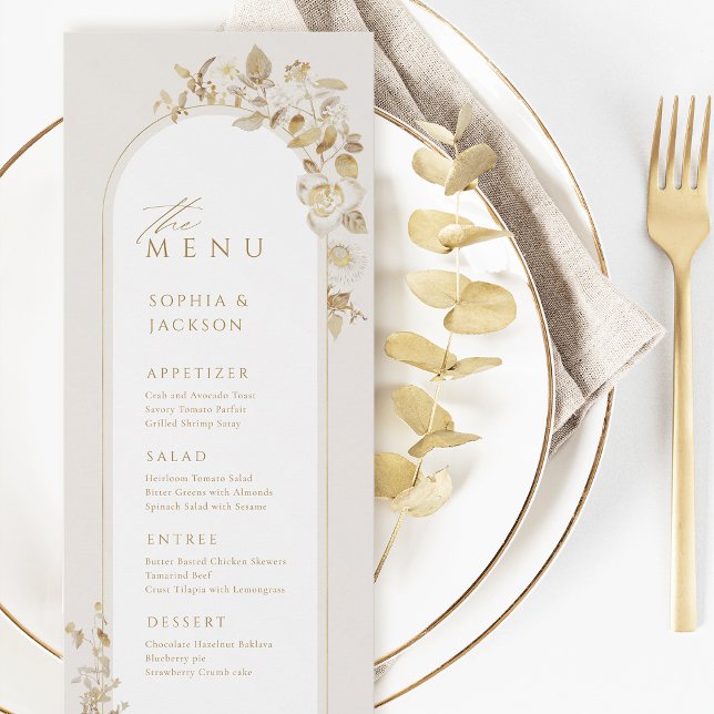 Elegant Guld Botaniska Blommigten Arch Bröllop Meny (Elegant Gold Botanical Floral Arch Wedding Menu)