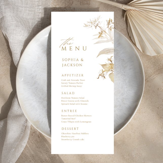 Elegant Guld Botaniska Blommigten Bröllop Menu Meny (Elegant Gold Botanical Floral Wedding Menu)